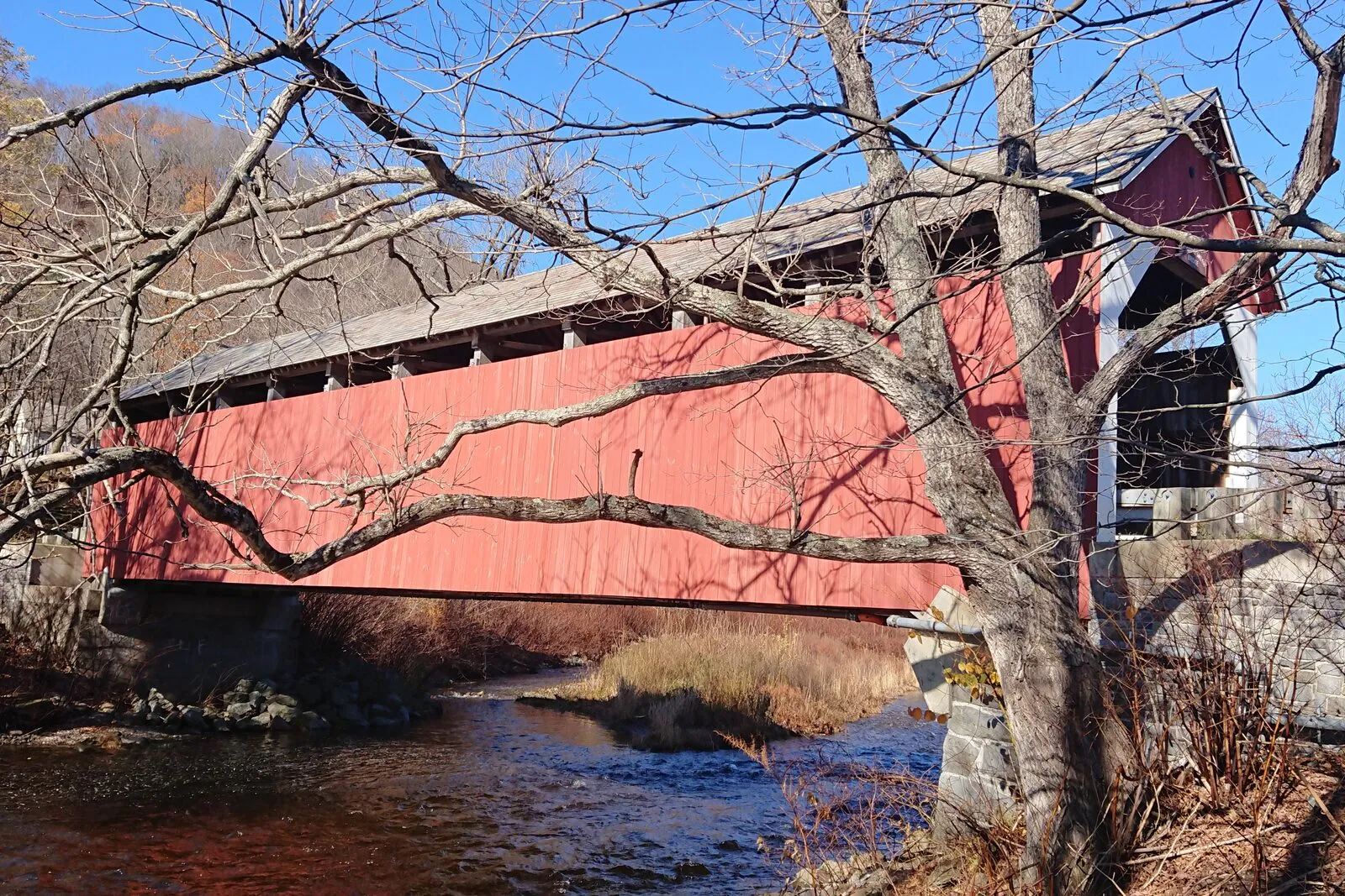 The Arthur A. Smith Covered Bridge in Colrain seen from the south bank of the North River on a clear late-autumn afternoon — a long red board-sided covered bridge with a low gabled dark-shingle roof spanning the river on rough grey stone abutments, the leafless branches of a foreground hardwood arching across the frame and softening the bridge silhouette, the slow North River running over a shallow gravel bed in the foreground, dry tan grass and the bare stone wing-walls along the far bank, brown wooded hillside behind the bridge, and a thin band of clear blue sky overhead.