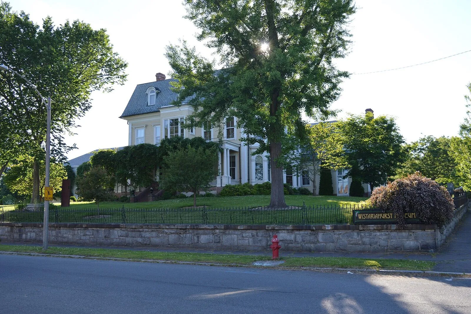 The pale-yellow Wistariahurst mansion seen from Pine Street in Holyoke on a sunny June afternoon — a long Victorian-era estate with a steeply pitched gable-and-dormer slate roof and red-brick chimneys, the east elevation draped in mature wisteria vines that hang from a pergola against the wall, a slate walk leading toward the entrance, mature trees framing the property at left and right, and a clear bright sky overhead.
